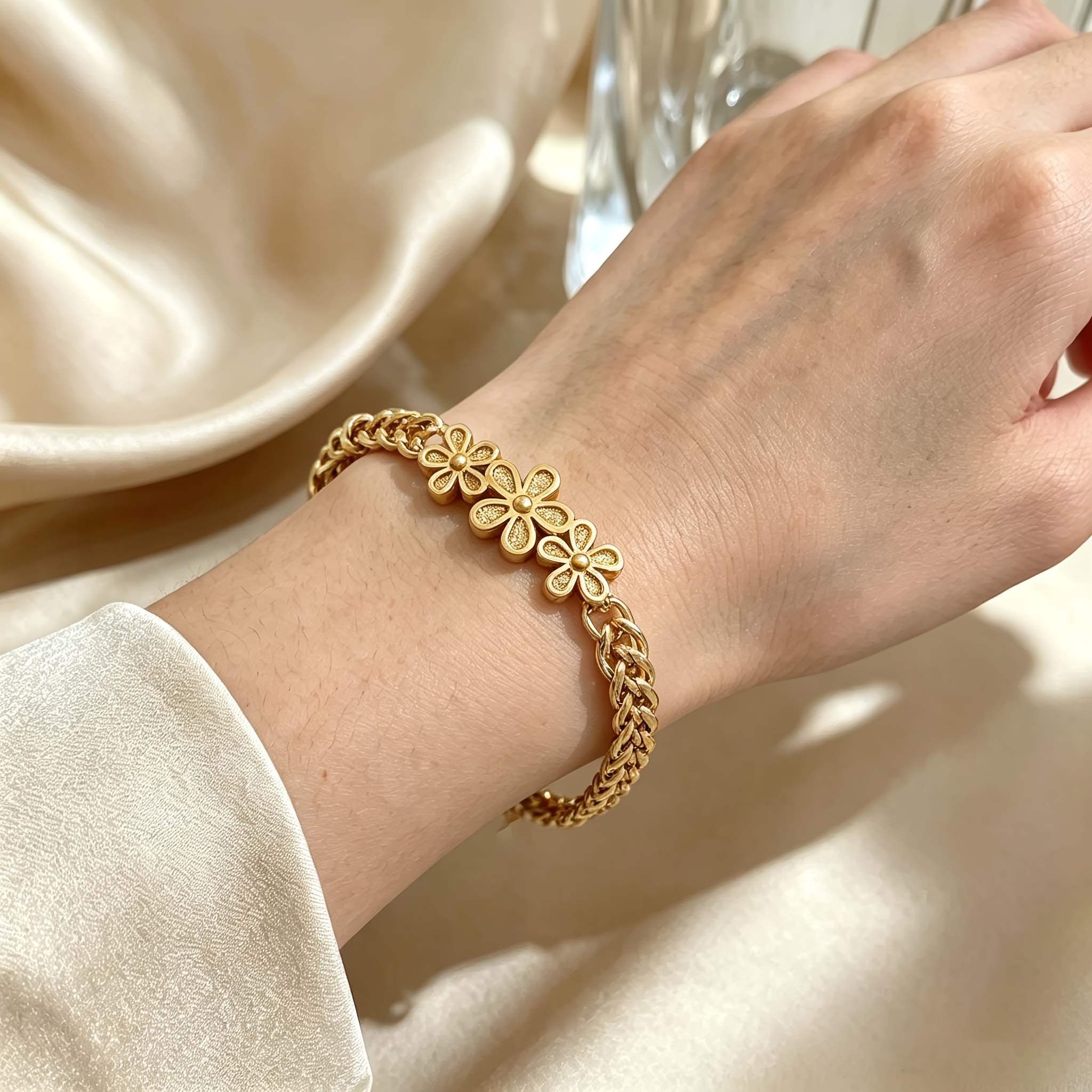 Elegant Golden Flower Matte Stainless Steel Bracelet, Unisex